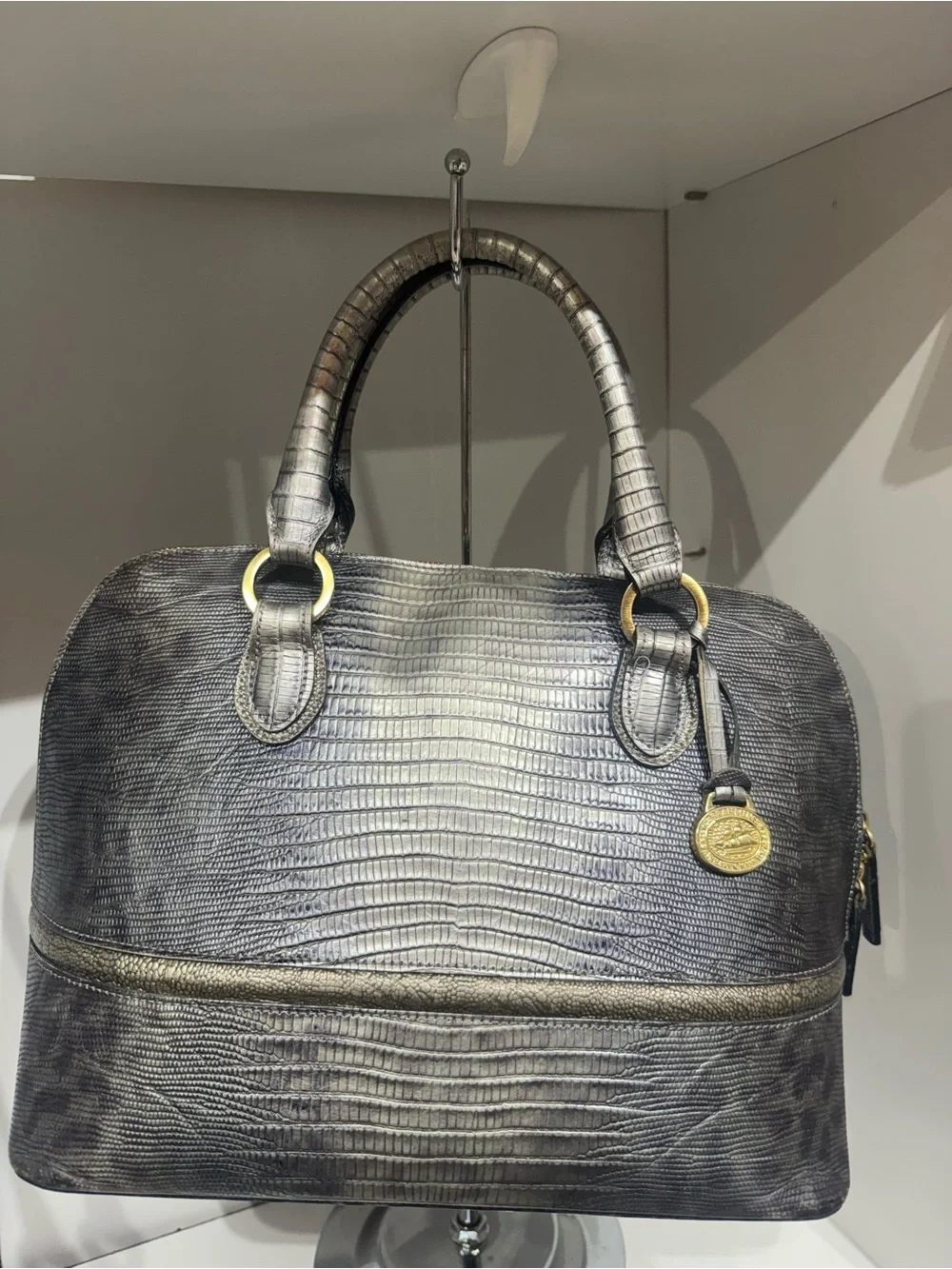 Brahmin Sydney Metallic Gray Embossed Leather Satchel with Gold Accents